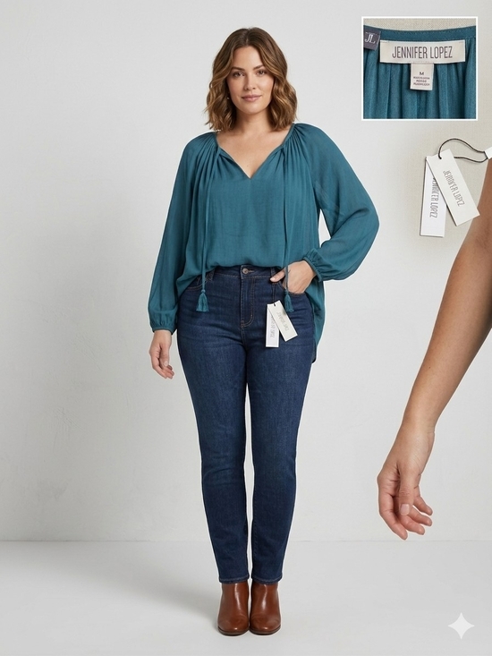 Jennifer Lopez Tops - Jennifer Lopez Teal Peasant Blouse with Tassel Ties